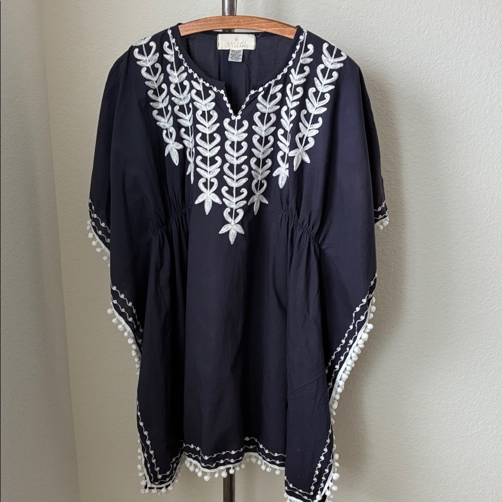 Quagga Green Label Beach Pool Cover Up Navy White Pompon Embroidered One Size